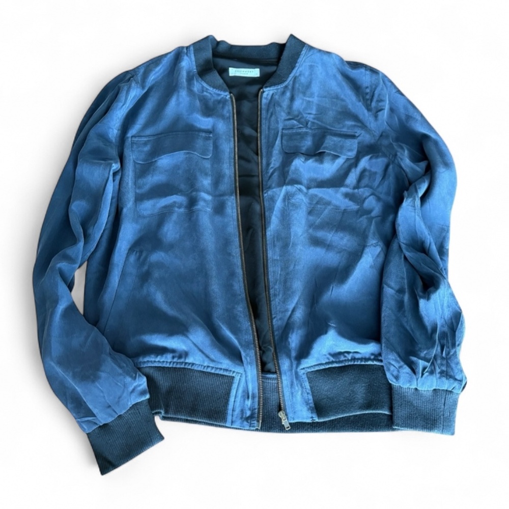 Equipment Femme Blue Silk Bomber Jacket | Size Small | Fall/Winter 2014–Resort 2 - Picture 6 of 8